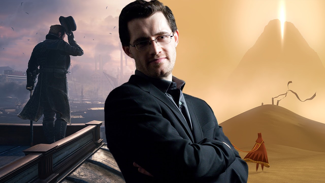 Austin Wintory in foreground with background game artwork